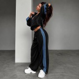 Women Velvet Color Block Stand Collar Zip Top and Wide Leg Sweatpant Two Piece Set