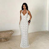 Women French Elegant Halter Neck Sexy Lace Maxi Dress