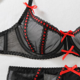 Women Bow See-Through Mesh Shaping Color Block Lingerie Two Piece Set