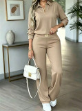 Women Spring Autumn Solid Top + Pant Casual Two Piece Set