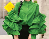 Women Multi-Layer Ruffle Bell Sleeve Shirt Stand Collar Top