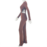 Women Solid V Neck Long Sleeve Jumpsuit