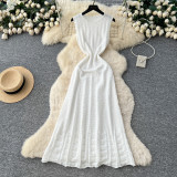 Women French Beaded Round Neck Sleeveless Knit Maxi Dress