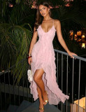 Women French Slip Summer Ruffle Cross Backless Holidays Maxi Dress
