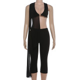 Women Summer Mesh Patchwork Crop Top and Pant Two Piece Set