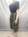 Plus Size Women Casual Denim Camo Wide Leg Cropped Pants