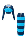 Women’s Chic Casual Striped Polo Shirt and Skirt Two Piece Set