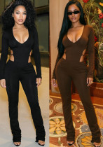 Women Solid V Neck Long Sleeve Jumpsuit