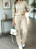 Women Spring Autumn Solid Top + Pant Casual Two Piece Set