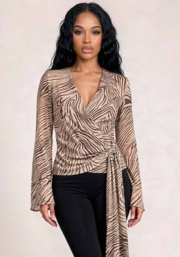 Women’s Fall Zebra Print Long Sleeve Wrap Lace-Up Blouse