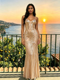 Women’s Sequin Low Back Strap See Through Mermaid Evening Gown