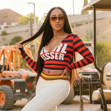 American Style Color Block Striped Letter Print Sexy V Neck Long Sleeve Top