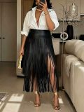 Women’s Fashion PU Leather Side Slit Fringe Maxi Skirt