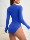 Women’s Blue Ribbed Long Sleeve Slim Fit High Waist Bodysuit