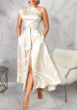 Women’s Slash Shoulder Abstract Print Lace-Up Split Pocket Midi Dress