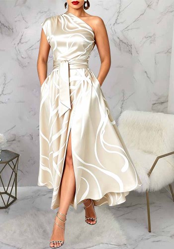 Women’s Slash Shoulder Abstract Print Lace-Up Split Pocket Midi Dress