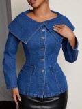 Women’s Street Style Oversized Turn Down Collar Long Sleeve Denim Jacket