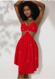 Women’s Sequin Mesh Knot Detail Hollow Waist Low Back Strap Dress