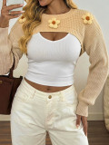 Women’s Plus Size Round Neck Floral Embellishments Cropped Sweater