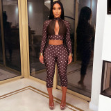 Women’s Polka Dot Long Sleeve Open Waist Top andSlim Fit Pants Set