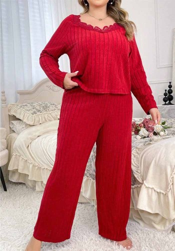 Women’s Fall Winter Plus Size V Neck Lace Patchwork Loose Fit Pajama Set