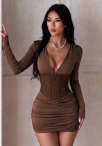 Women’s Deep V Neck Long Sleeve Boned Corset Lace-Up Back Bodycon Mini Dress Women’s Deep V Neck Long Sleeve Boned Corset Lace-Up Back Bodycon Mini Dress