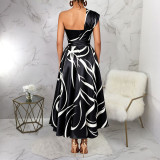 Women’s Slash Shoulder Abstract Print Lace-Up Split Pocket Midi Dress