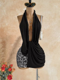 Women’s Leopard Print Sequin Patchwork Halter Neck Low Back Knit Bodycon Dress