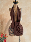 Women’s Leopard Print Sequin Patchwork Halter Neck Low Back Knit Bodycon Dress