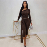 Women’s Solid Color Cowl Neck Slim Fit Top and Tie Detail Pants Set