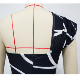 Women’s Slash Shoulder Abstract Print Lace-Up Split Pocket Midi Dress