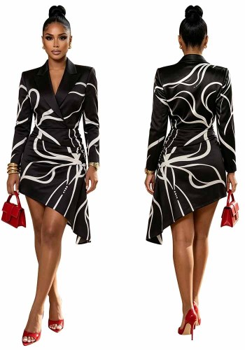 Women’Turn Down Collar Long Sleeve Print and Asymmetric Career Blazer Dress