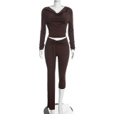 Women’s Solid Color Cowl Neck Slim Fit Top and Tie Detail Pants Set