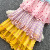Women’s Summer Polka Dot Halter Neck Slim Fit Multicolor Cascading Ruffle Maxi Dress