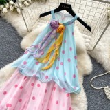 Women’s Summer Polka Dot Halter Neck Slim Fit Multicolor Cascading Ruffle Maxi Dress