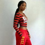 American Style Color Block Striped Letter Print Sexy V Neck Long Sleeve Top