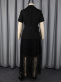 Women’s Lace Short Sleeve Blouse and Double Layer Hollow Out Lace Skirt Two Piece Set