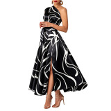 Women’s Slash Shoulder Abstract Print Lace-Up Split Pocket Midi Dress