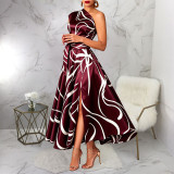 Women’s Slash Shoulder Abstract Print Lace-Up Split Pocket Midi Dress