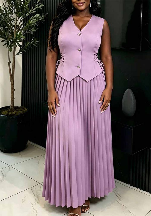 Women’s Solid Color High Waist Pleated Sleeveless Drawstring Vest Top and A Line Skirt Two Piece Set