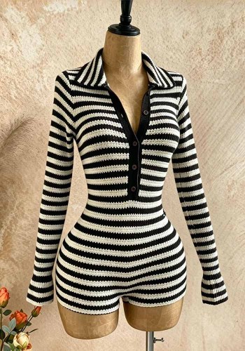 Women’s Striped Knit Slim Fit Long Sleeve Turn Down Collar Color Block Bodycon Jumpsuit