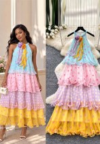 Women’s Summer Polka Dot Halter Neck Slim Fit Multicolor Cascading Ruffle Maxi Dress Women’s Summer Polka Dot Halter Neck Slim Fit Multicolor Cascading Ruffle Maxi Dress