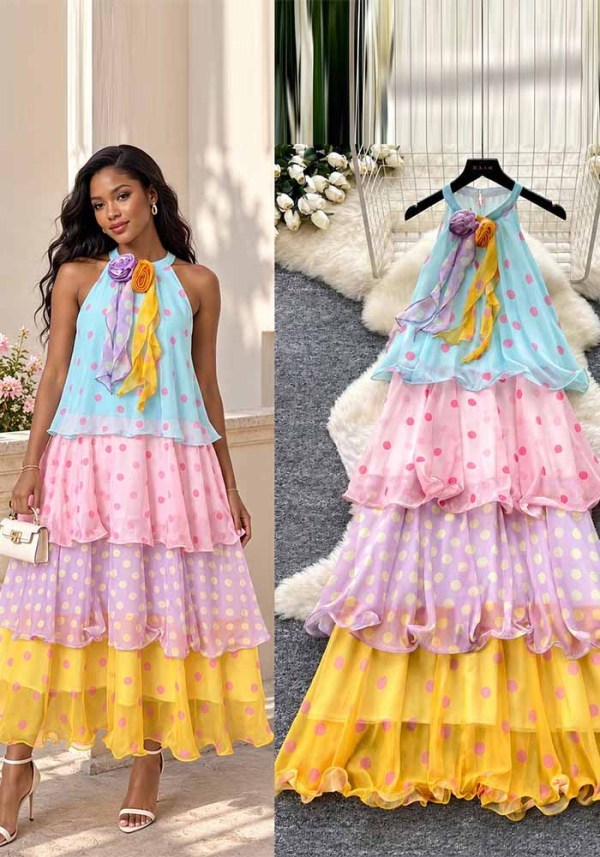 Women’s Summer Polka Dot Halter Neck Slim Fit Multicolor Cascading Ruffle Maxi Dress