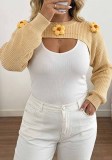 Women’s Plus Size Round Neck Floral Embellishments Cropped Sweater