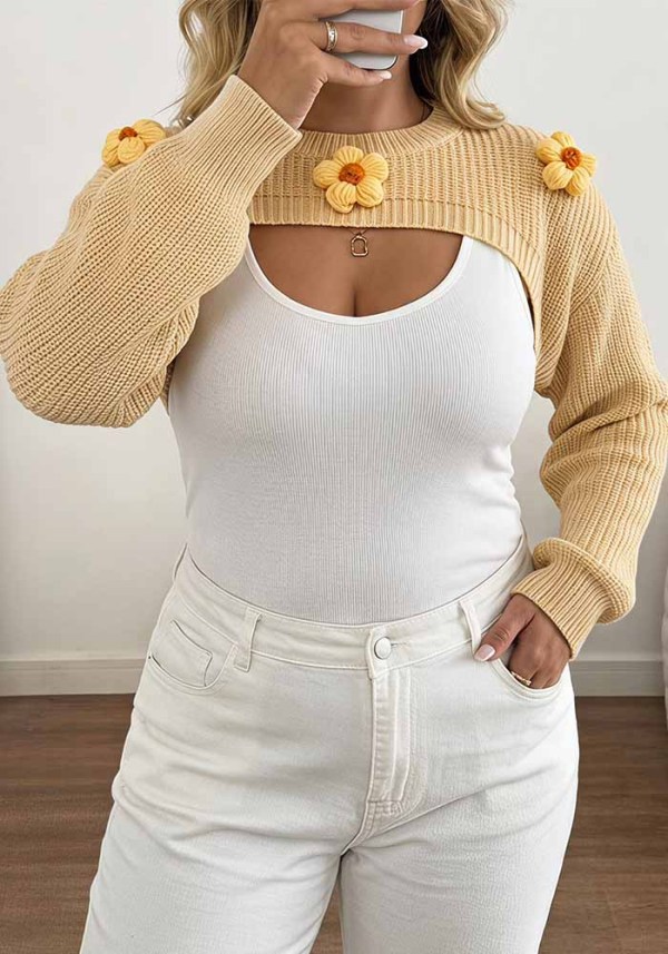 Women’s Plus Size Round Neck Floral Embellishments Cropped Sweater