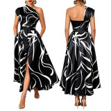 Women’s Slash Shoulder Abstract Print Lace-Up Split Pocket Midi Dress