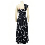 Women’s Slash Shoulder Abstract Print Lace-Up Split Pocket Midi Dress