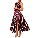 Women’s Slash Shoulder Abstract Print Lace-Up Split Pocket Midi Dress