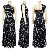 Women’s Slash Shoulder Abstract Print Lace-Up Split Pocket Midi Dress