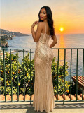 Women’s Sequin Low Back Strap See Through Mermaid Evening Gown